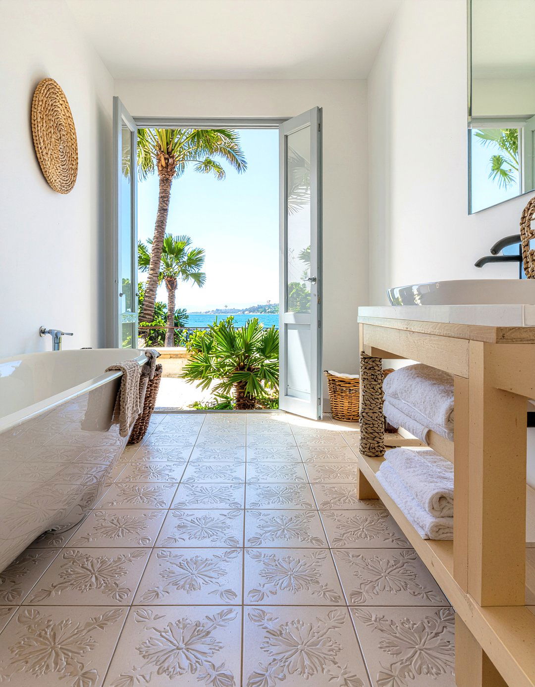 Neutral Toned Encaustic Tile - 30 Moroccan tile bathroom ideas