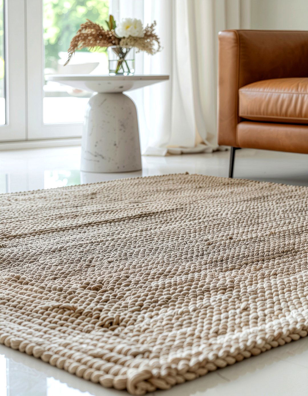 Neutral area rug - 30 first apartment decor ideas