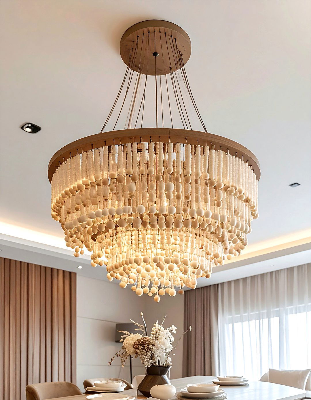 Neutral beaded chandelier - 30 beige dining room accessories ideas