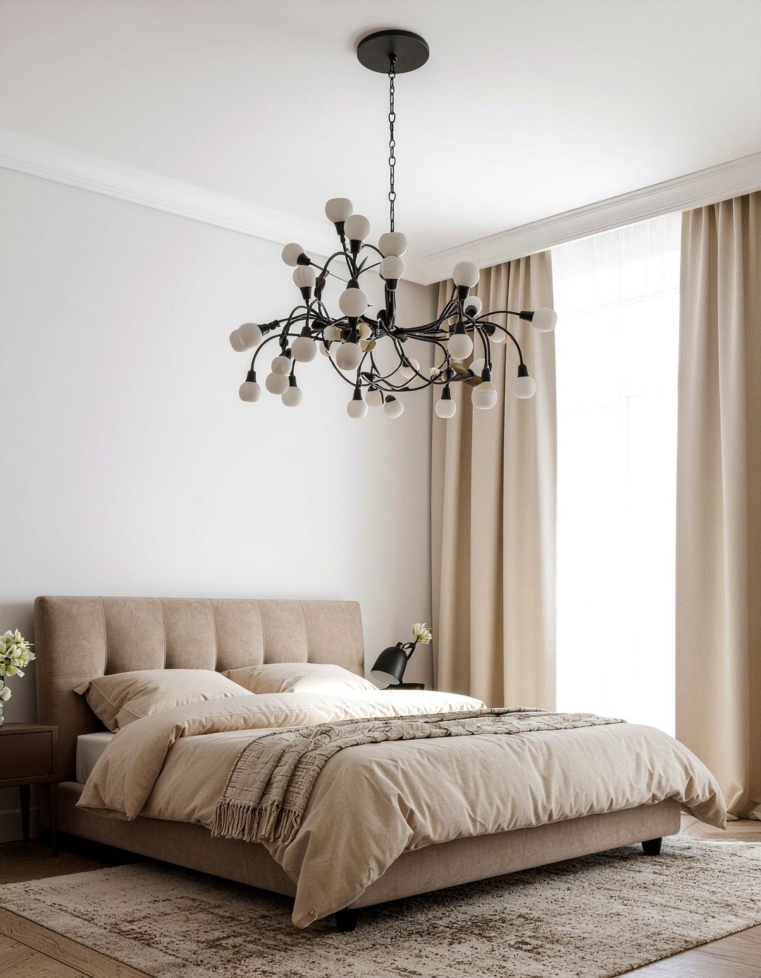 Neutral bedroom chandelier - 30 off-white bedroom ideas