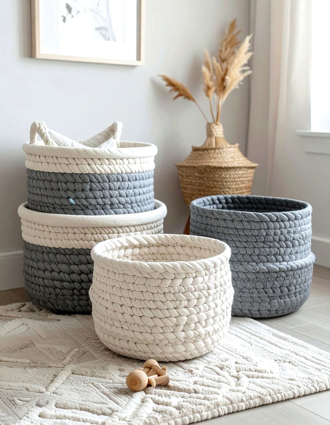 Neutral color toy baskets - 30 living room toy storage ideas