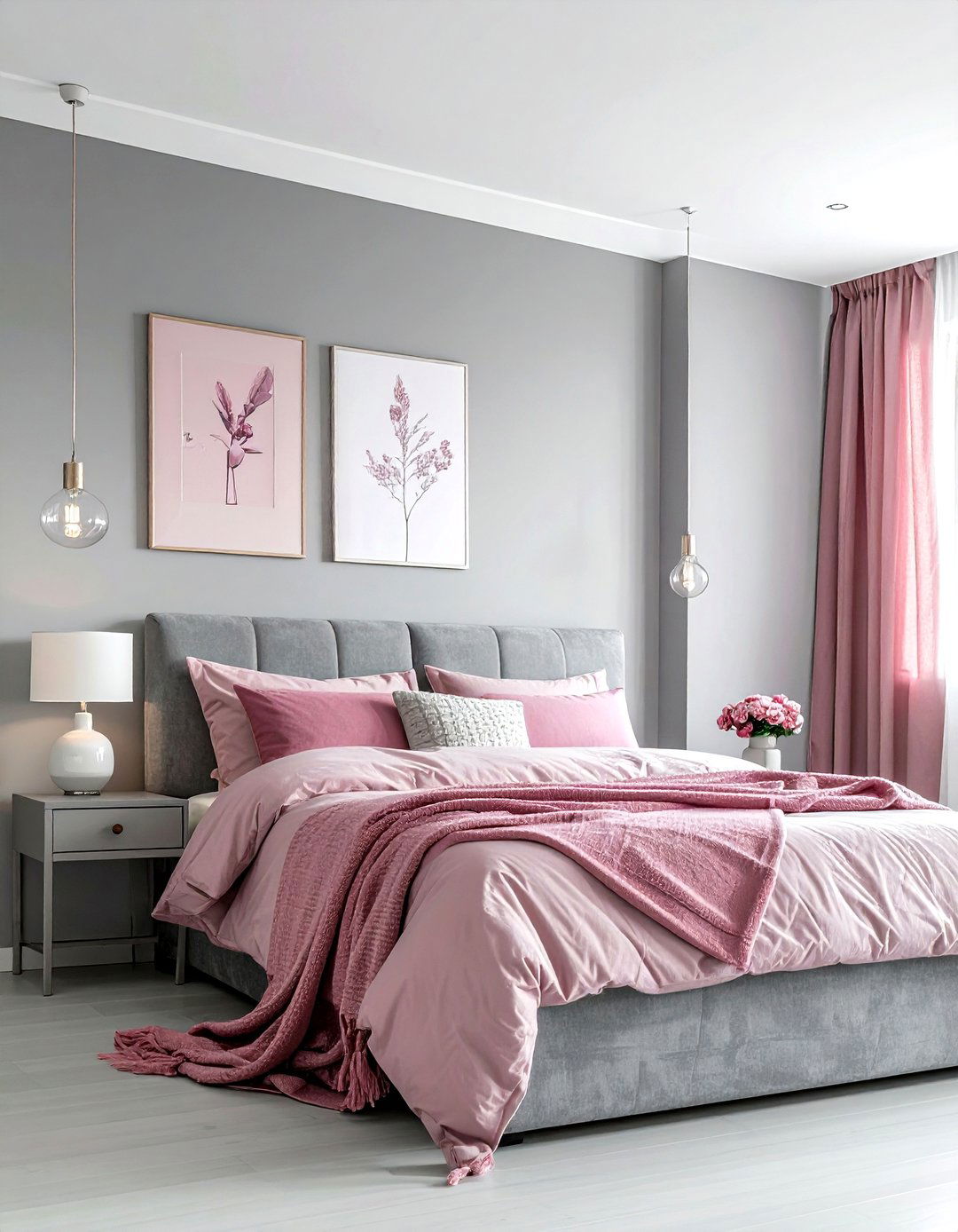 Neutral gray with pink pillows - 30 pink gray bedroom ideas