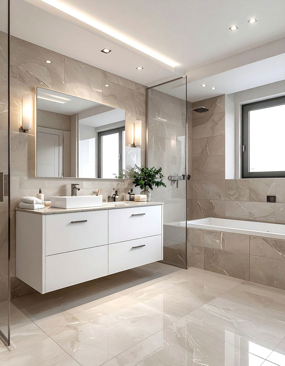 Neutral greige large format tile bathroom - 30 oversized tile bathroom ideas