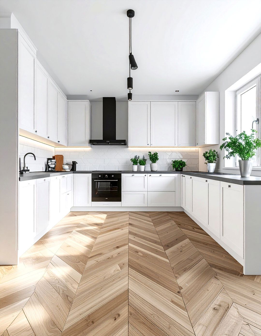 Neutral herringbone wood floor - 30 patterned floor kitchen ideas