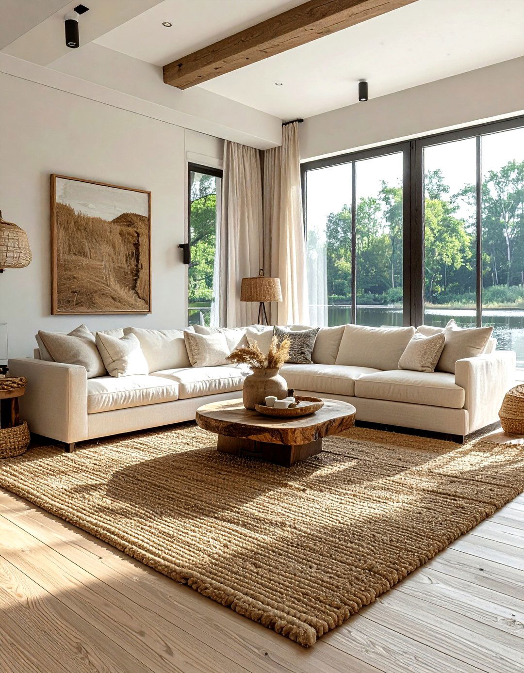 Neutral jute rug living room - 30 living room lake house furniture ideas