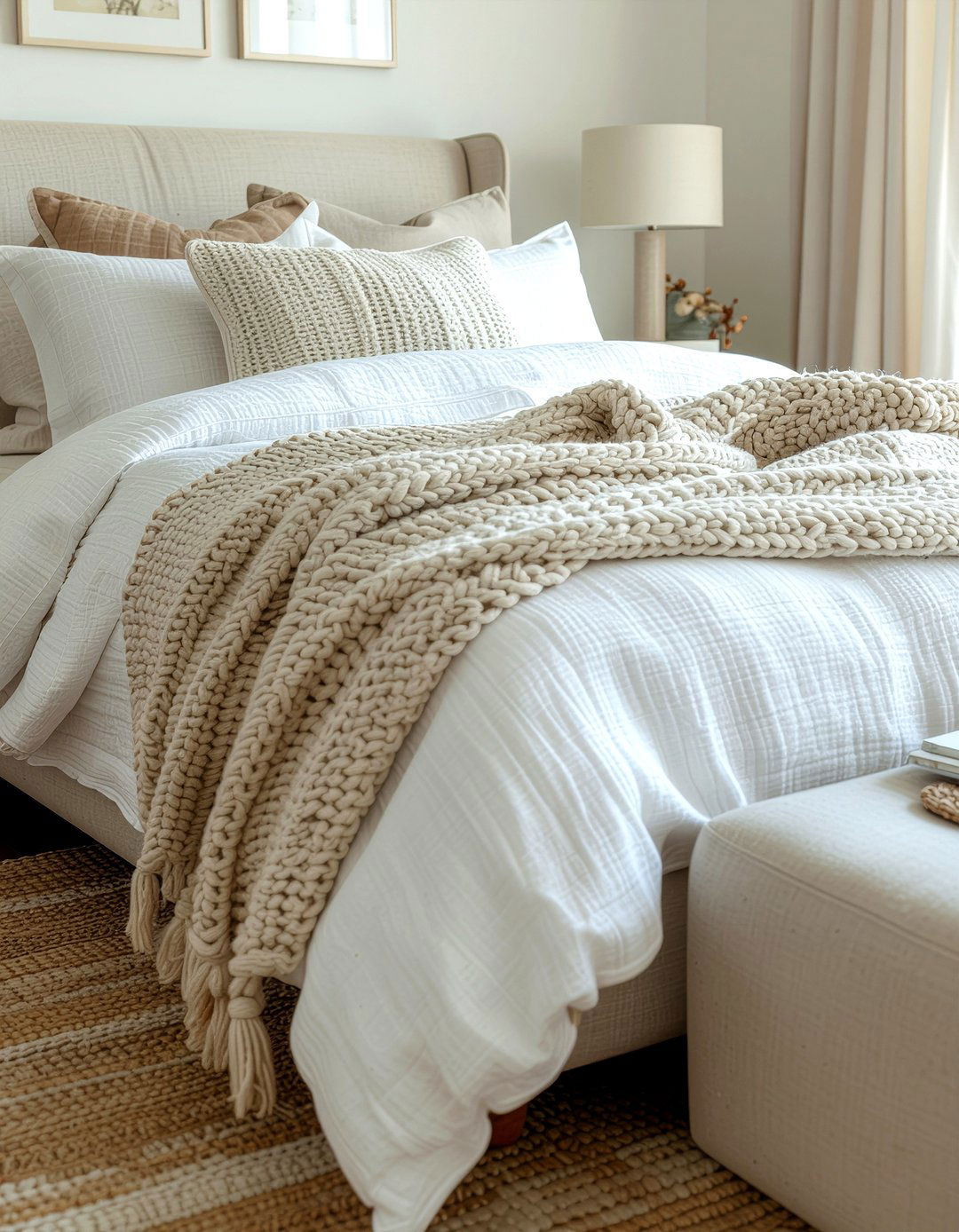 Neutral layered bedding - 30 earthy bedroom ideas