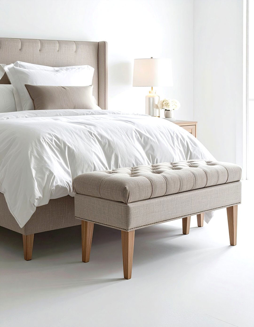 Neutral linen storage bench - 30 beige bedroom furniture ideas