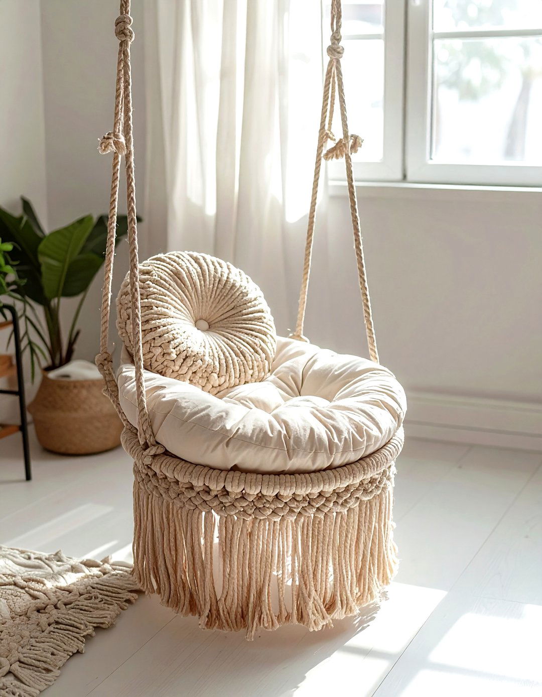 Neutral macrame hanging chair - 30 beige bedroom furniture ideas