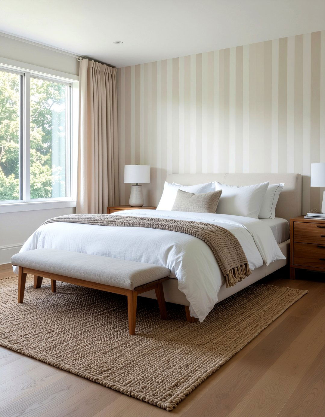 Neutral pinstripe wallpaper - 30 bedroom striped wallpapers