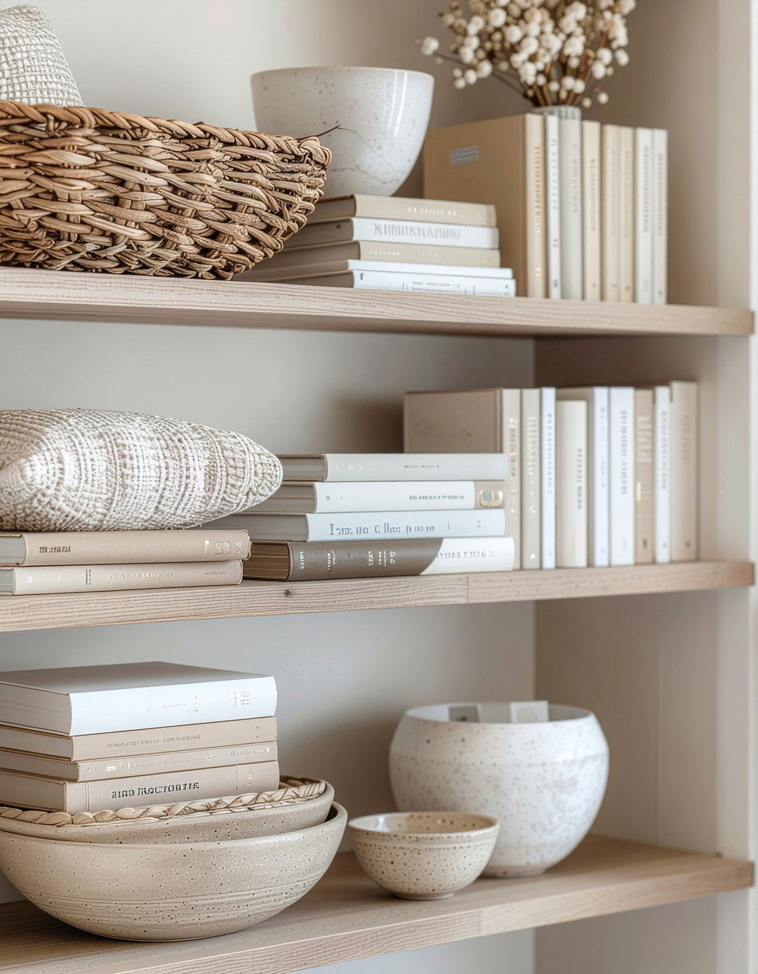 Neutral shelf styling - 30 living room bookshelf styling ideas