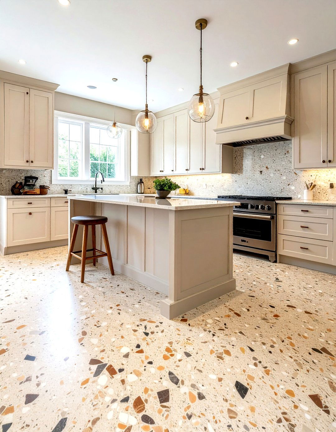 Neutral terrazzo kitchen floor - 30 terrazzo floor kitchen ideas