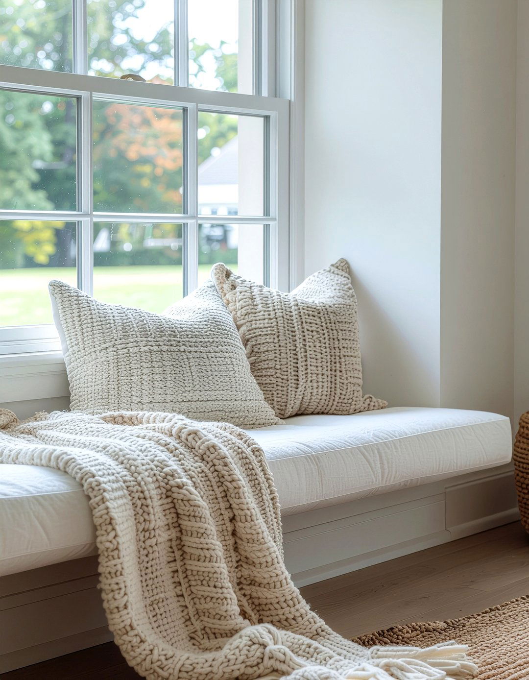 Neutral tone window seat - 30 living room window bench ideas