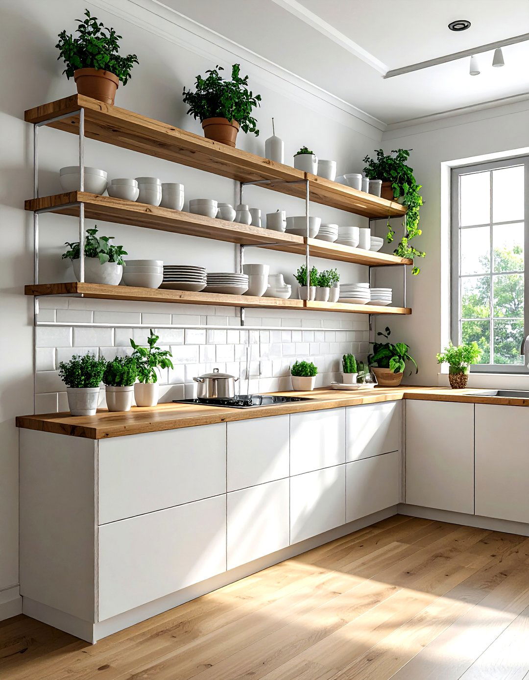 Nickel Gallery Rail Shelving - 30 nickel accent kitchen ideas