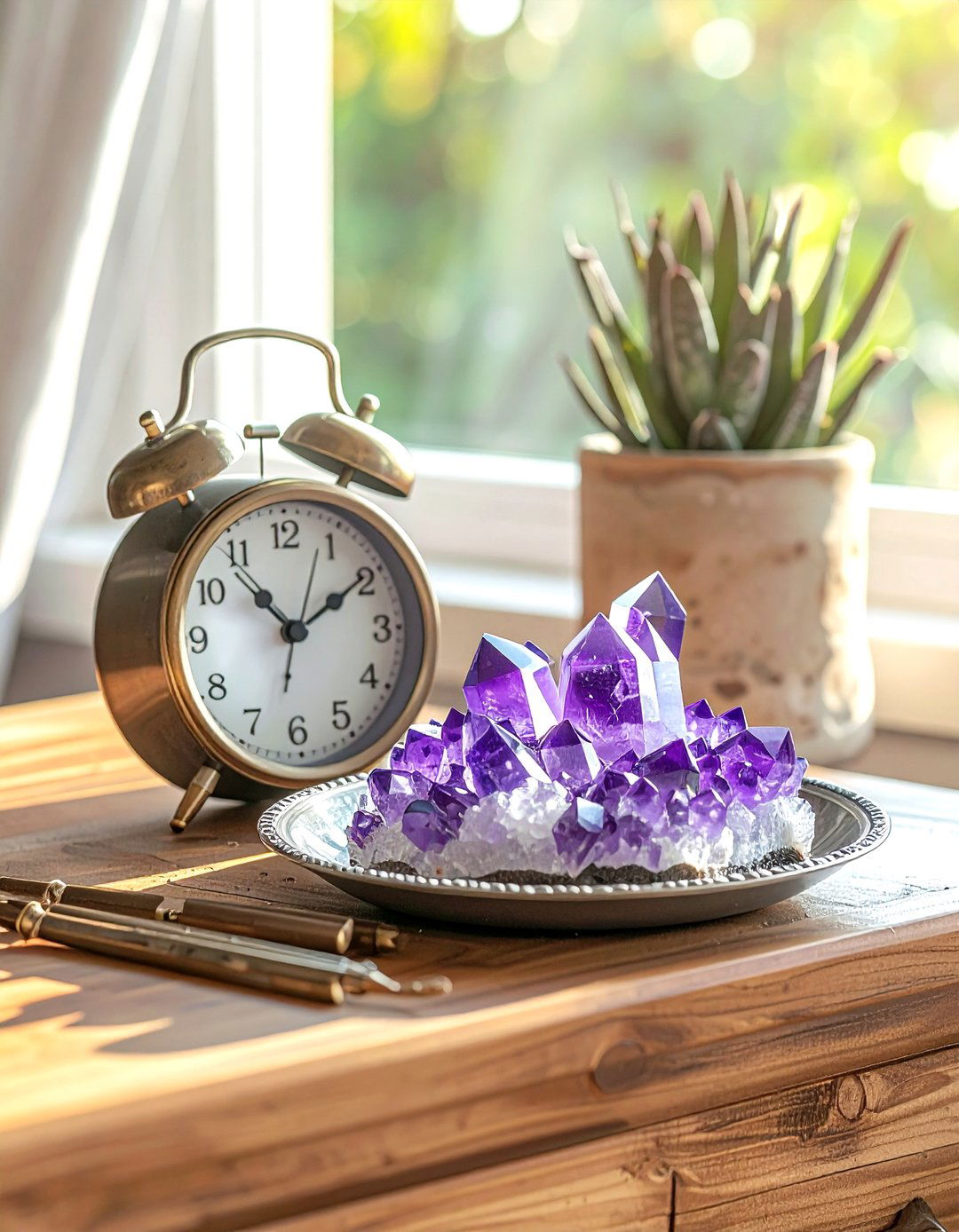 Nightstand with clock and crystals - 30 nightstand vignette ideas