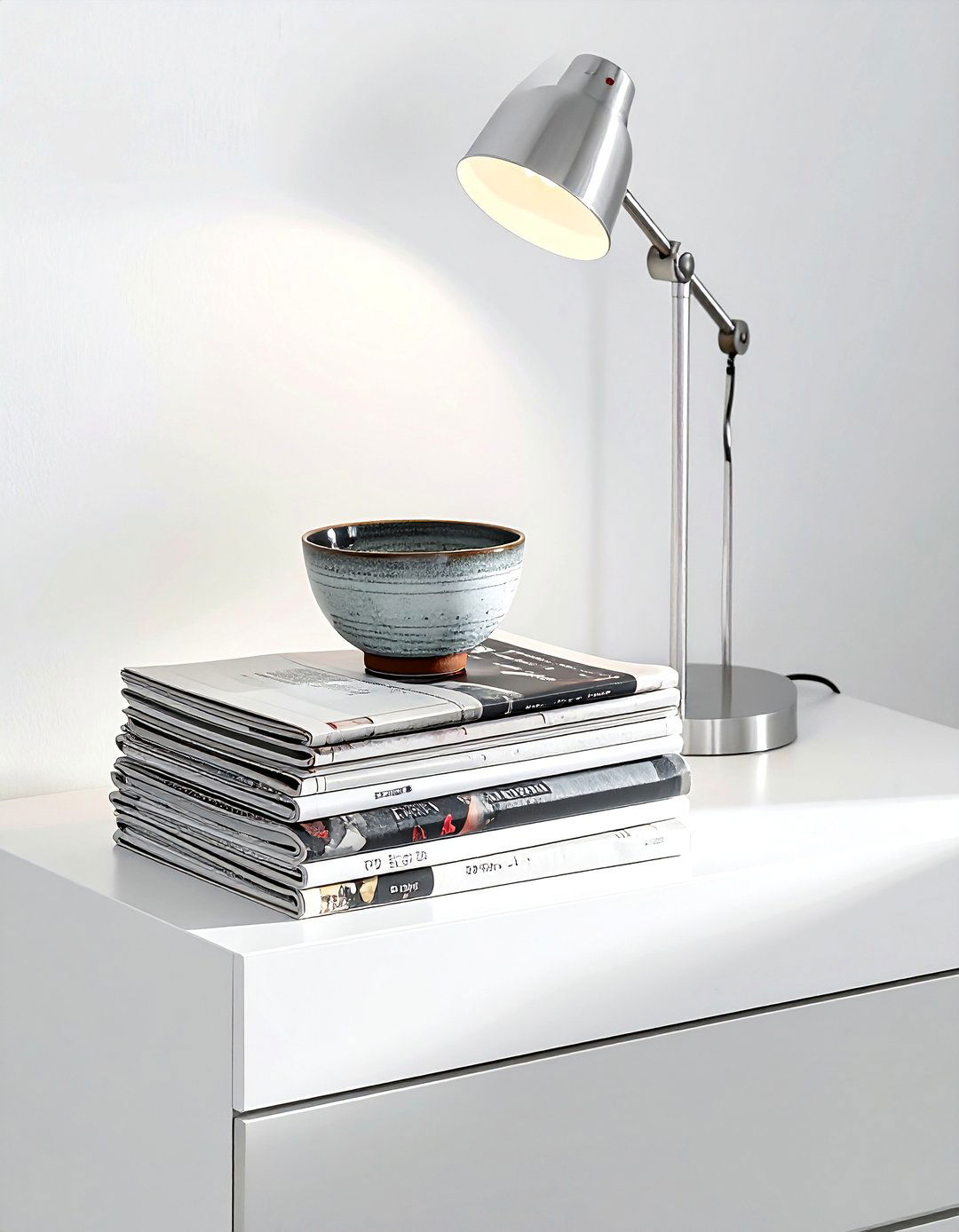 Nightstand with stacked magazines - 30 nightstand vignette ideas