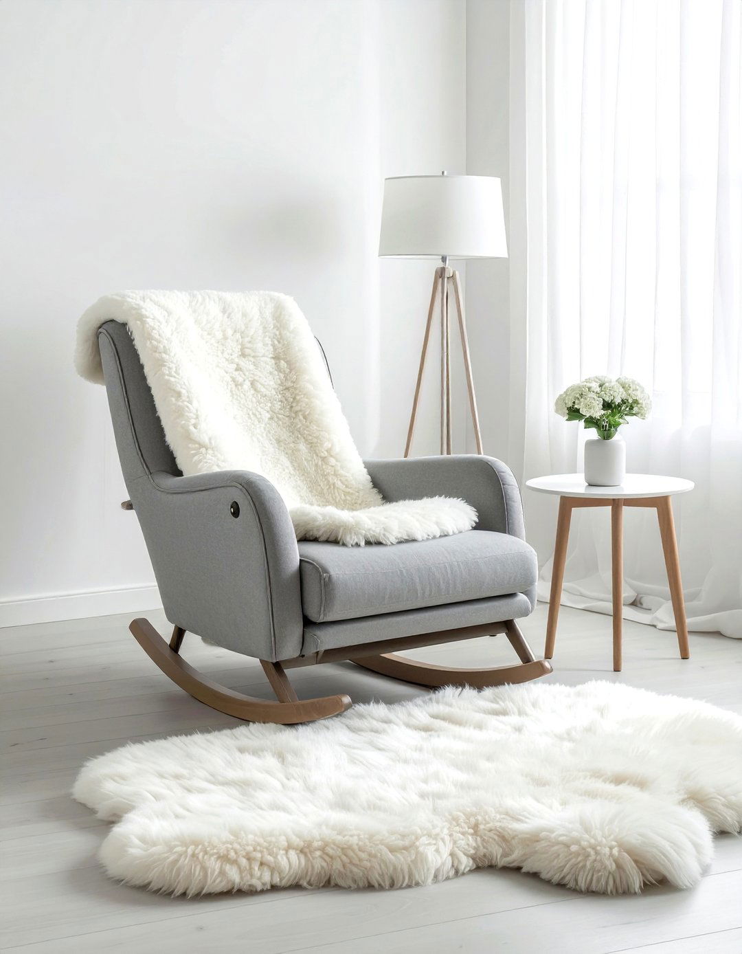 Nursery glider with sheepskin rug throw - 30 sheepskin rug ideas