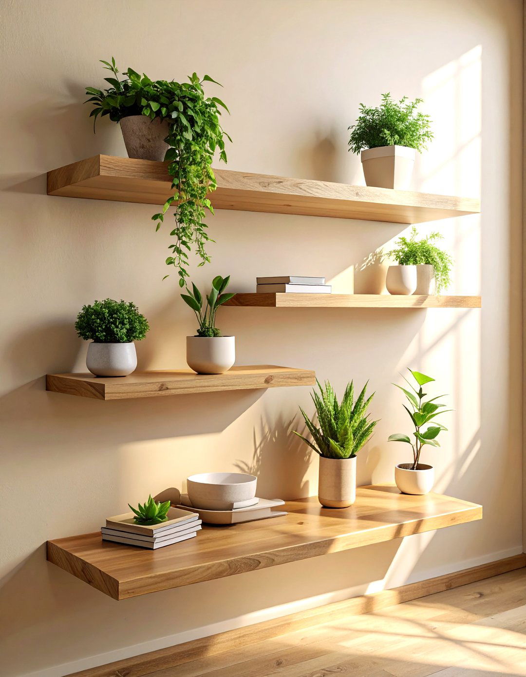 Oak Floating Shelves - 30 beige bathroom accessories ideas