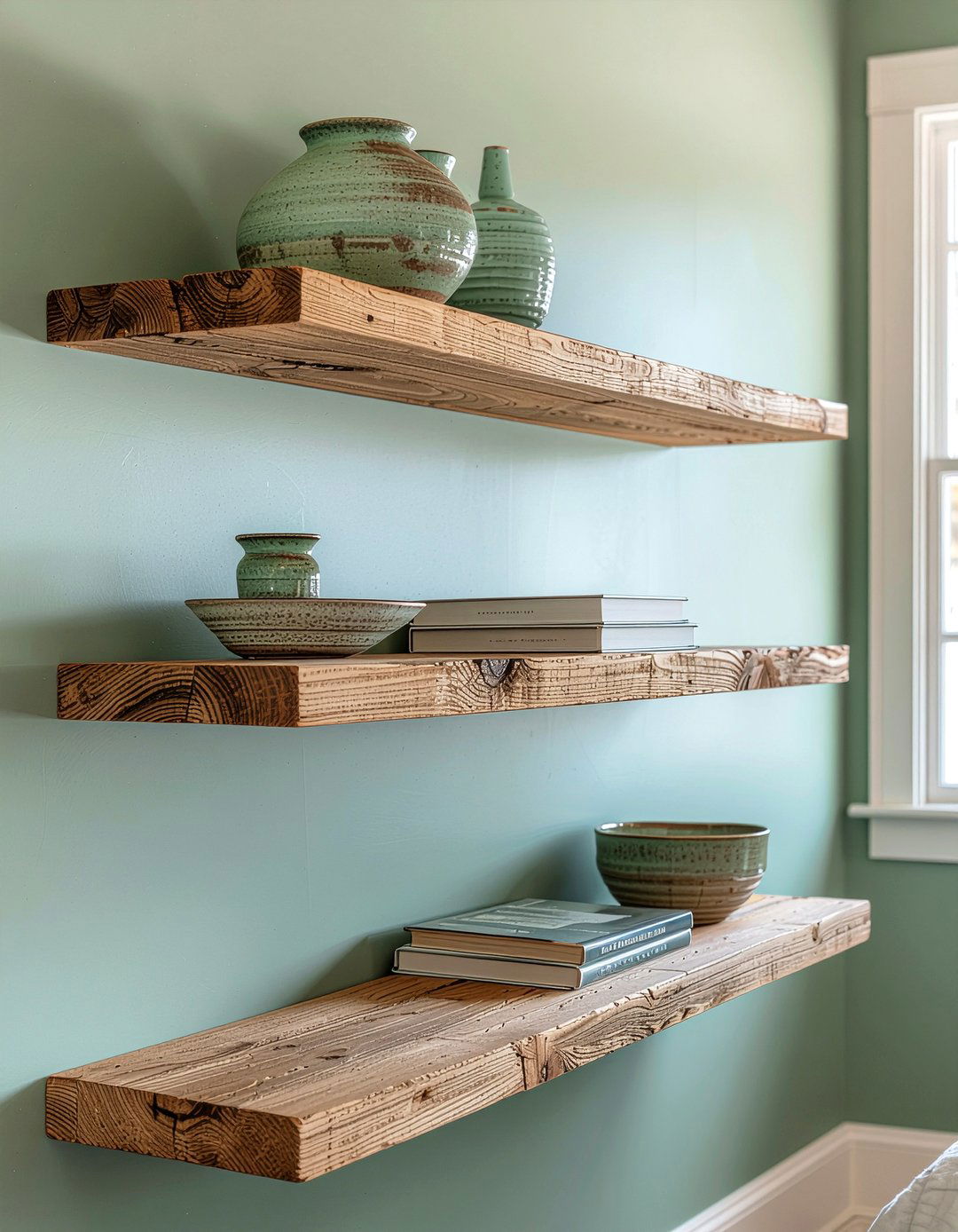 Oak floating ledge shelf - 30 bedroom ledge shelves