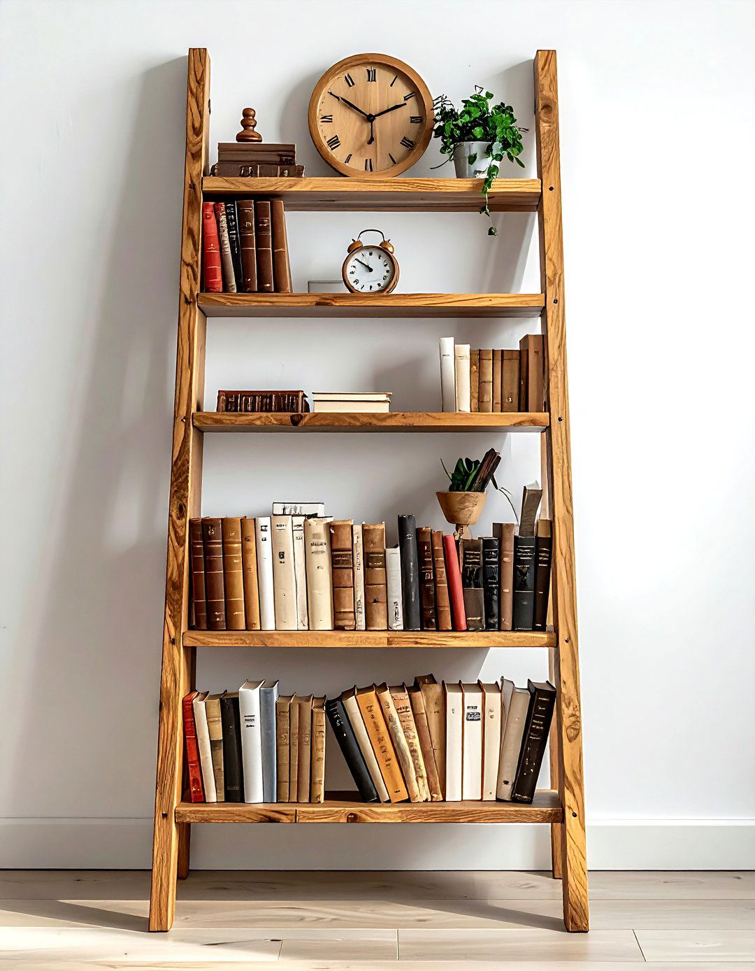 Oak ladder shelf - 30 living room ladder shelf ideas