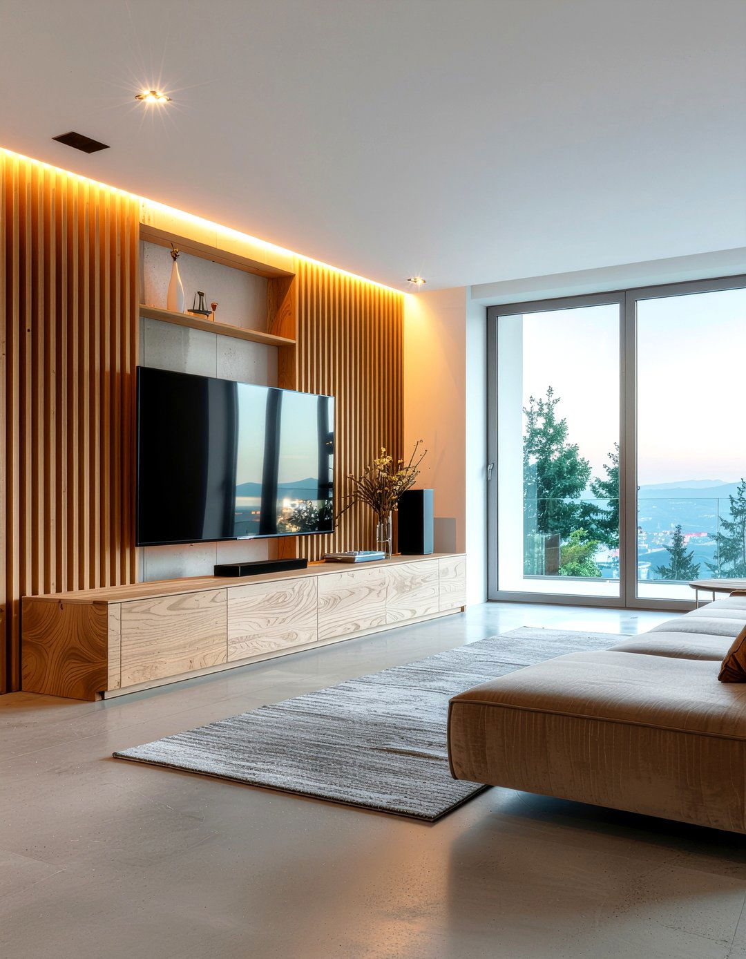 Oak slat wall tv unit - 30 living room tv console ideas