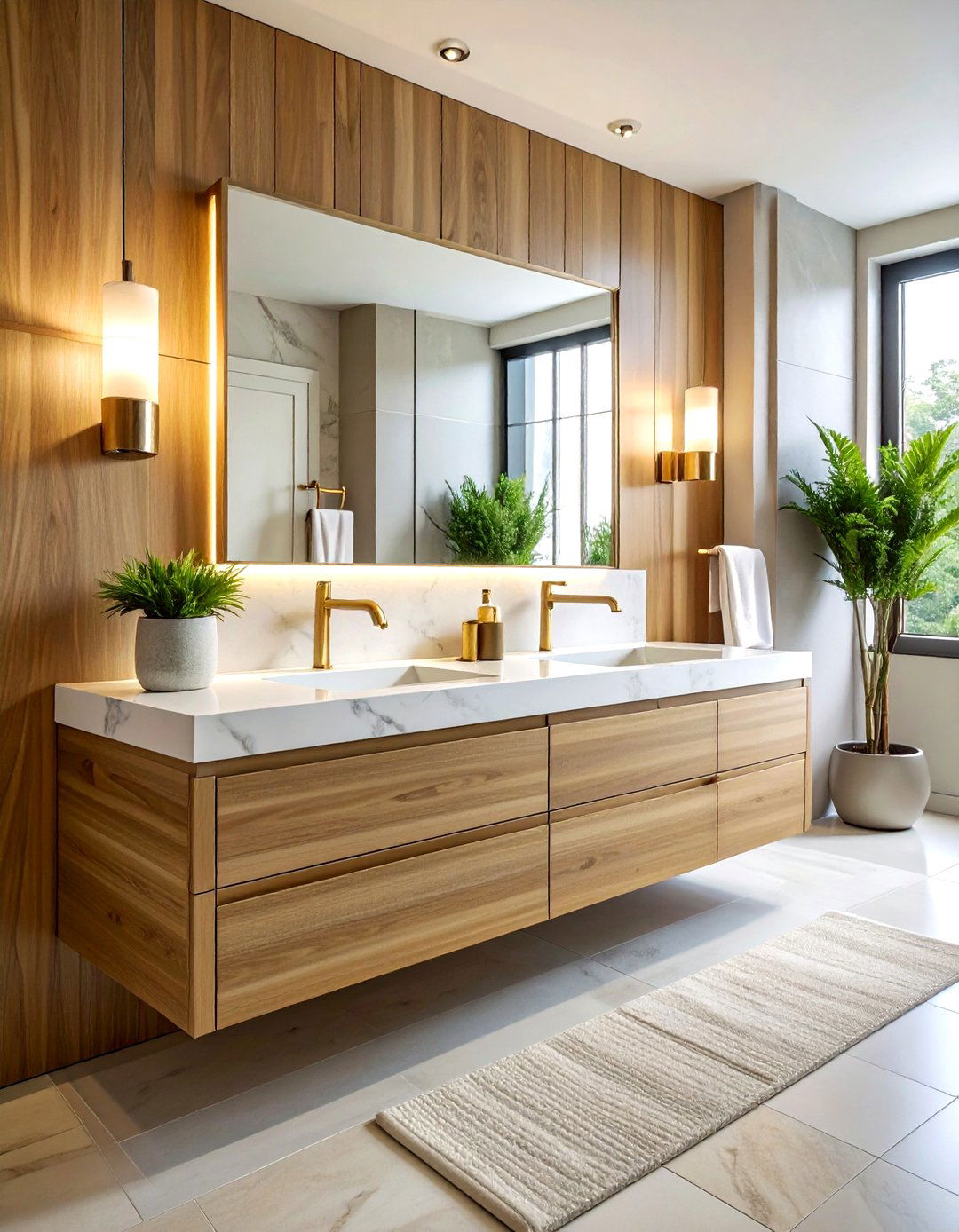 Oak vanity white marble top - 30 white and wood bathroom ideas