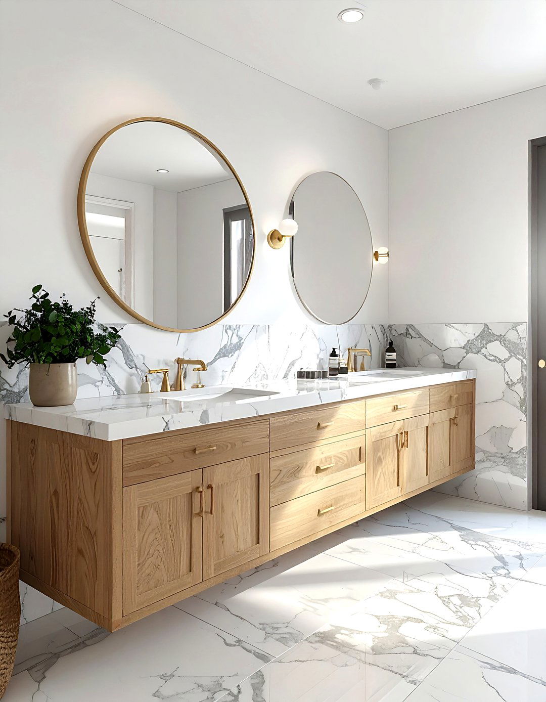 Oak vanity white marble - 30 brown and white bathroom ideas