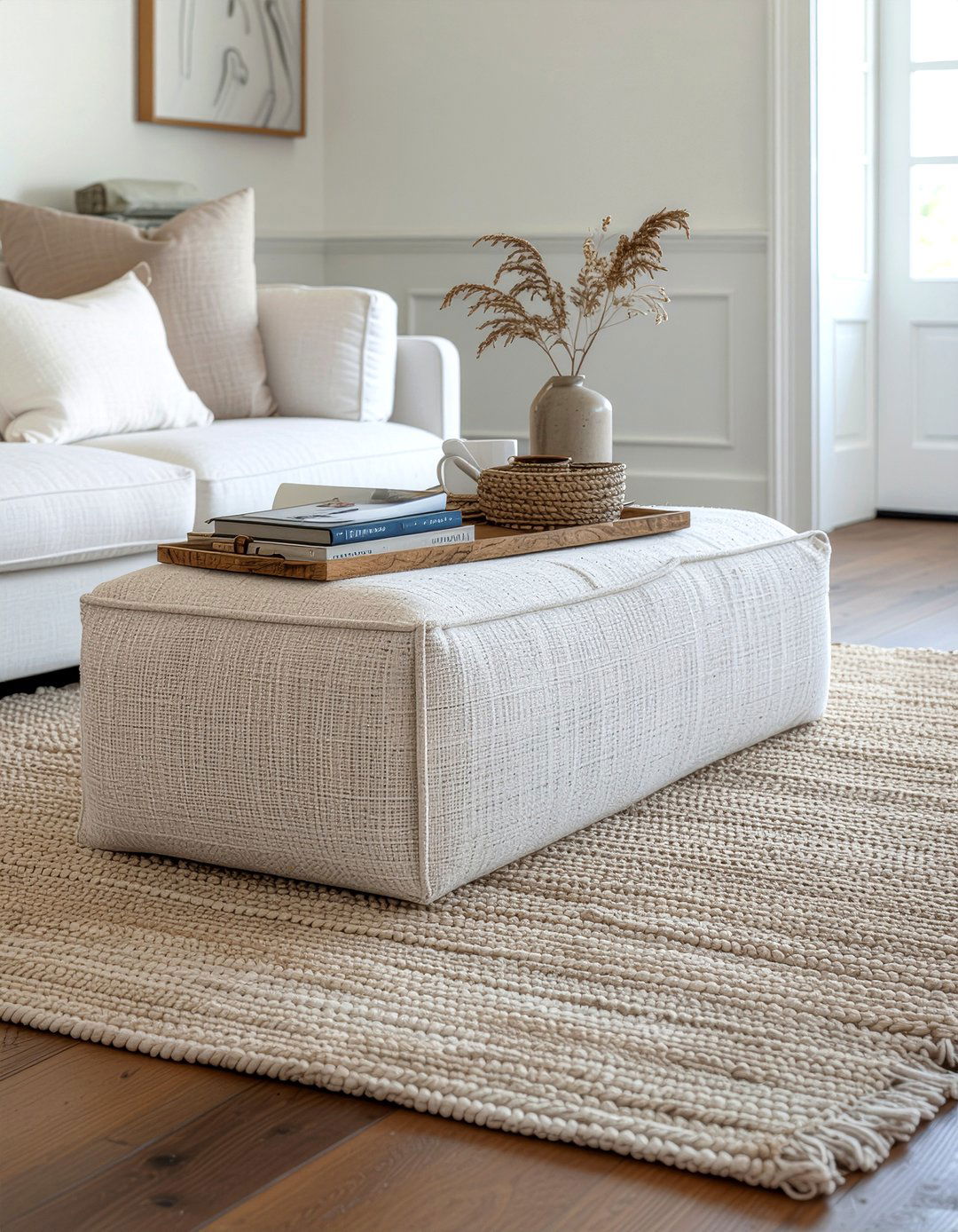Oatmeal Linen Ottoman - 30 linen living room ideas