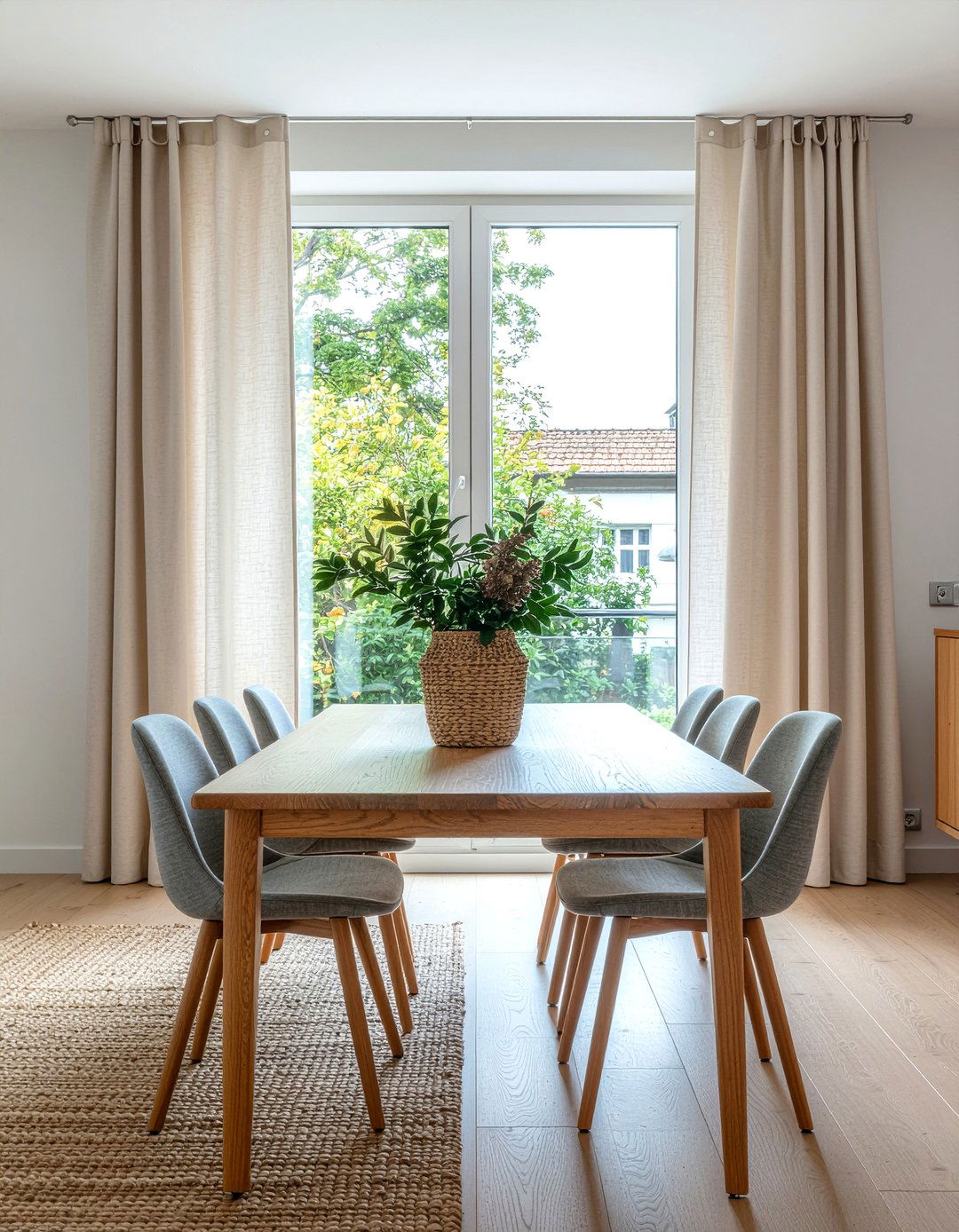 Oatmeal textured curtains - 30 neutral curtain dining room ideas