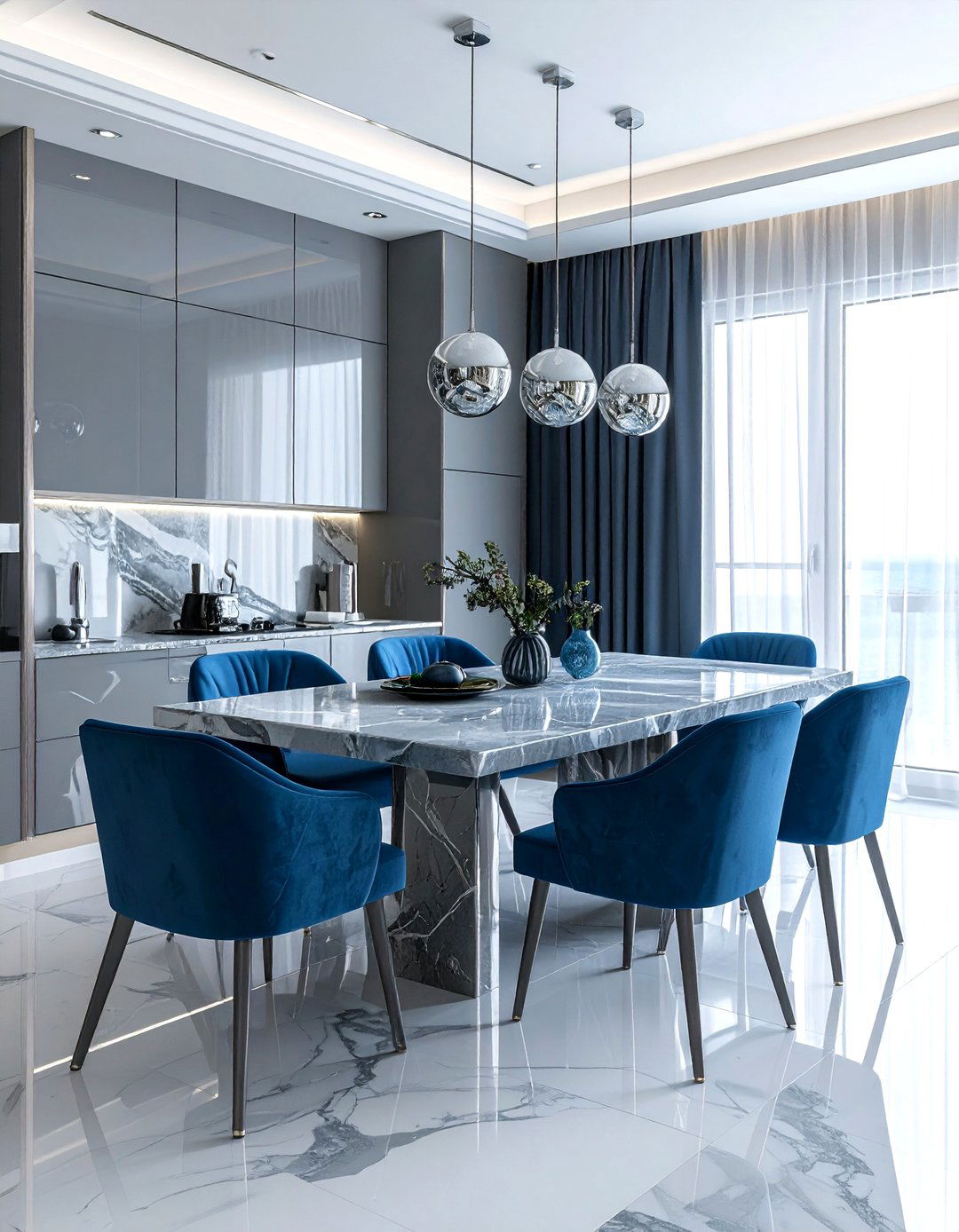 Ocean Blue And Marble Gray Dining Room - 30 blue and gray dining room ideas