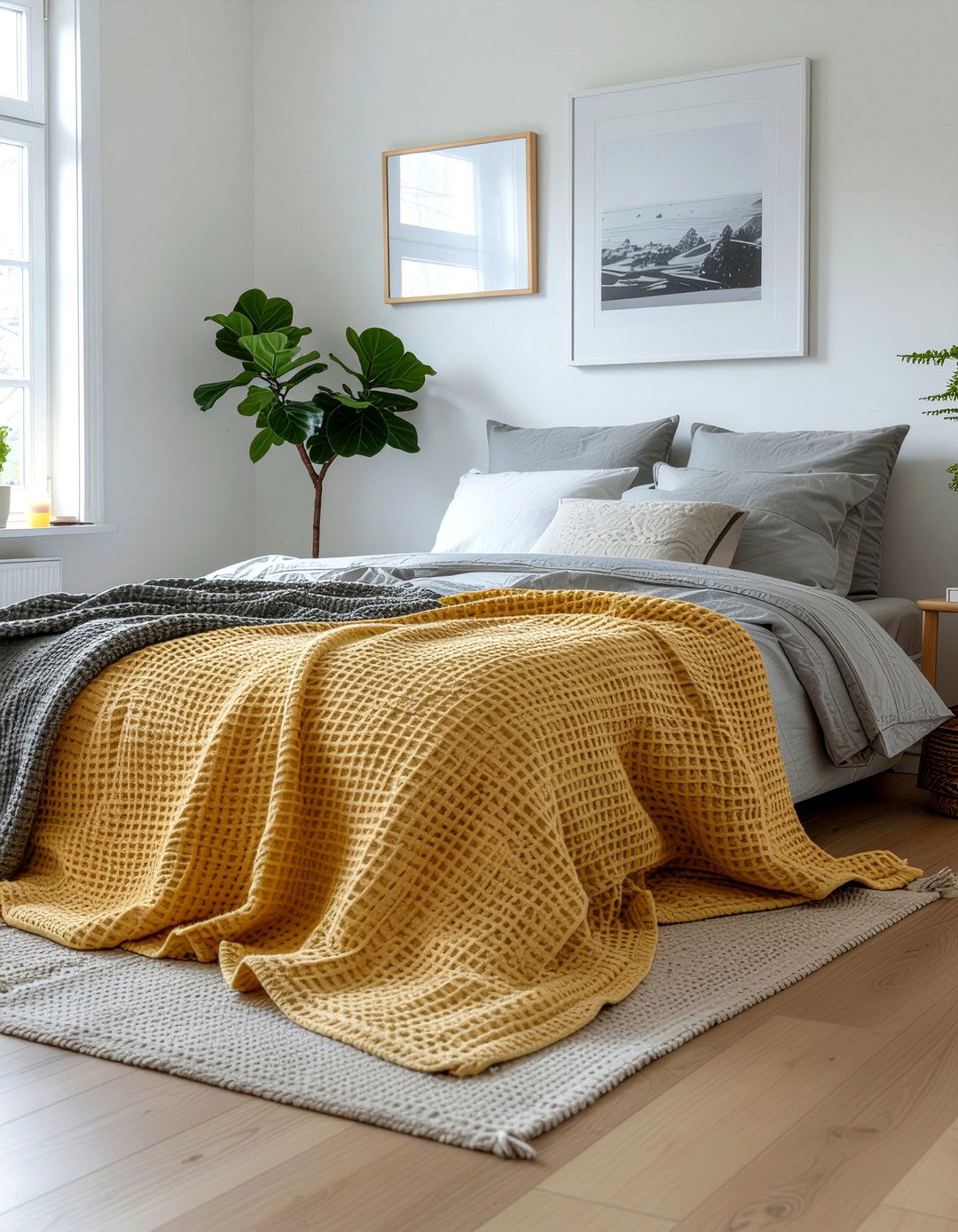 Ochre yellow waffle texture blanket - 30 bedroom cotton blankets
