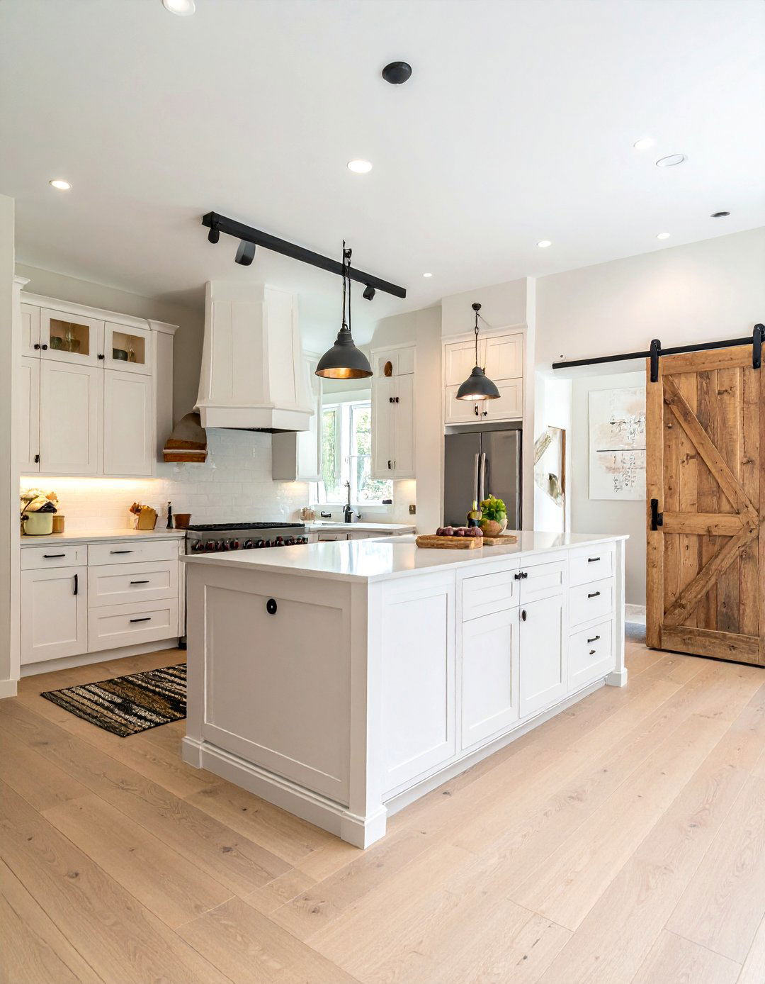 Off white kitchen with pantry barn door - 30 warm white kitchen ideas