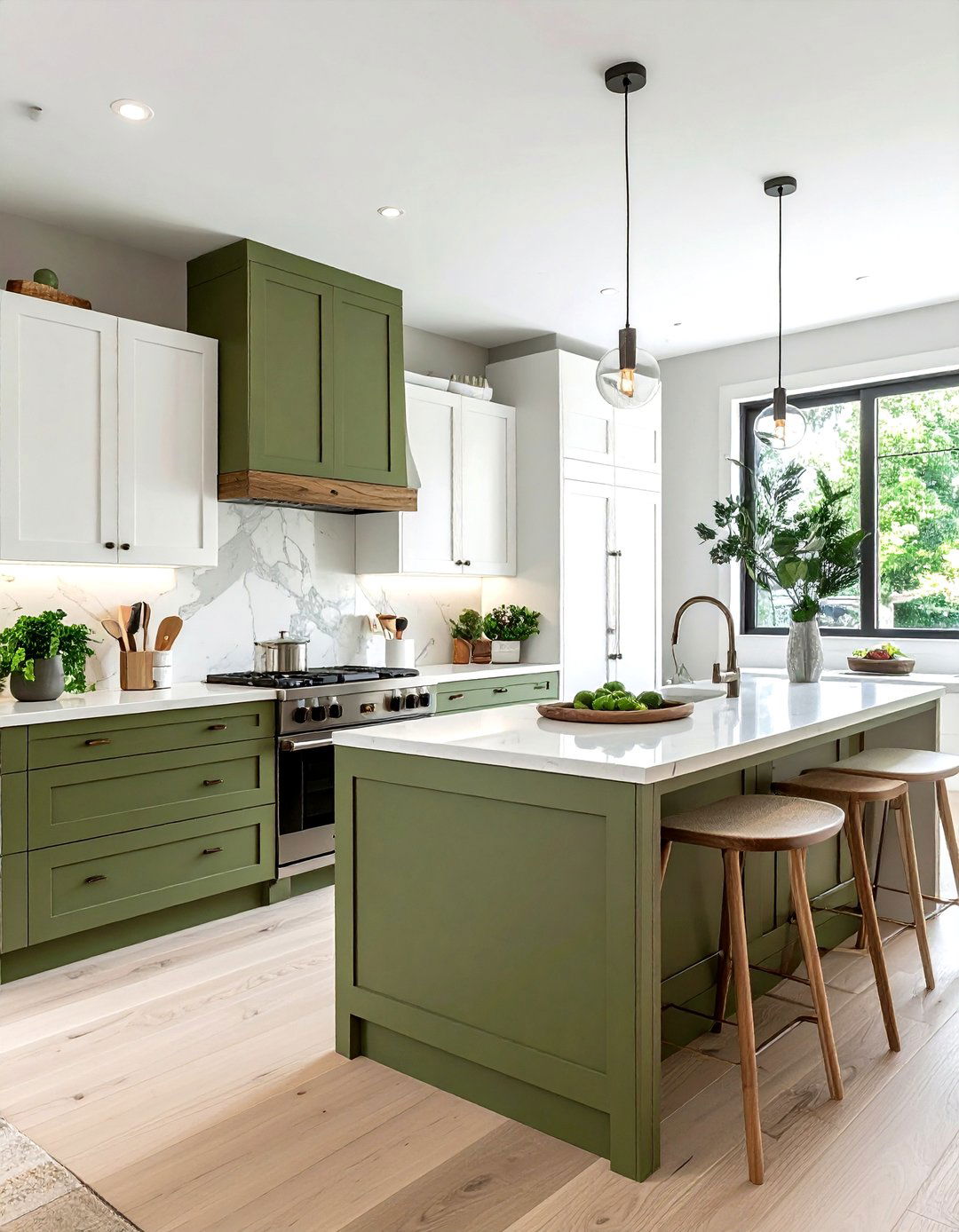 Olive green and white kitchen - 30 two-tone cabinet kitchen ideas