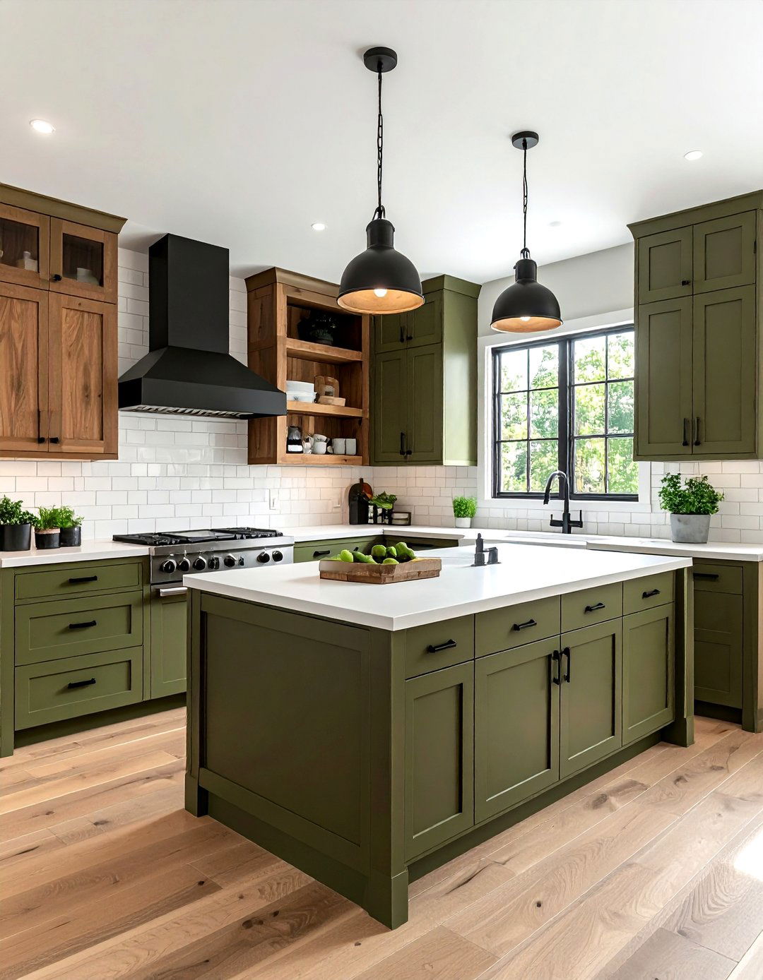 Olive green and wood kitchen cabinets - 30 two-tone kitchen cabinet ideas