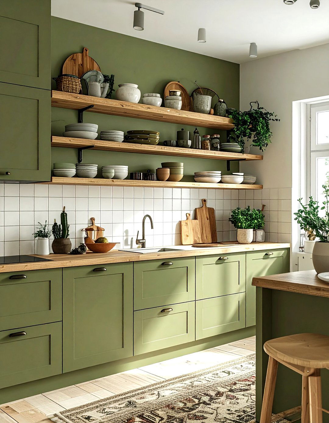 Olive green kitchen with open shelving - 30 olive green kitchen ideas