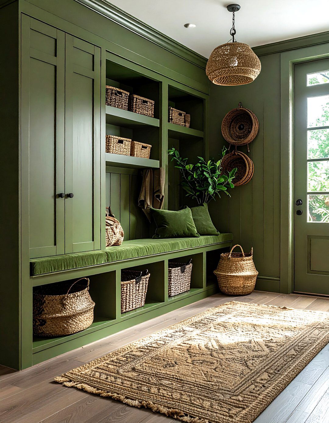 Olive green mudroom - 30 monochromatic decor ideas