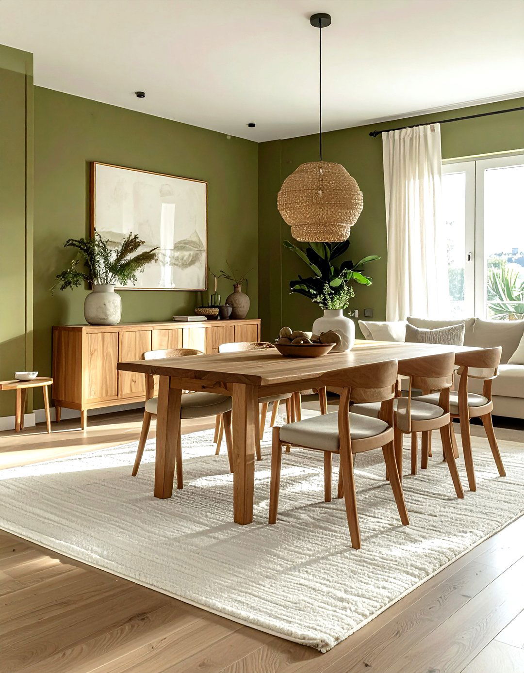 Olive green walls wood furniture - 30 green and white dining room ideas