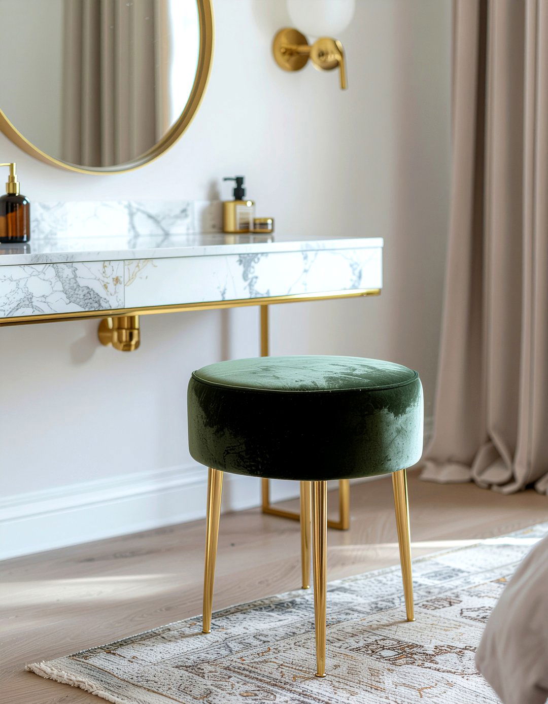 Olive velvet vanity stool - 30 velvet bedroom ideas