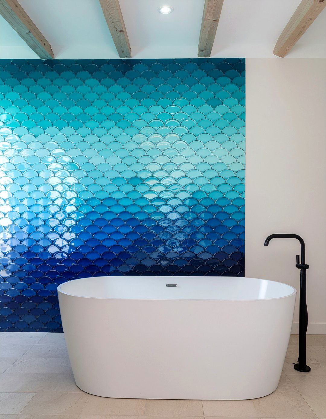 Ombre Fish Scale Wall - 30 scalloped tile bathroom ideas