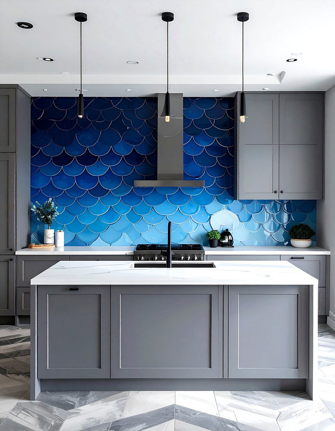 Ombre fish scale tile kitchen - 30 fish scale tile kitchen backsplash ideas