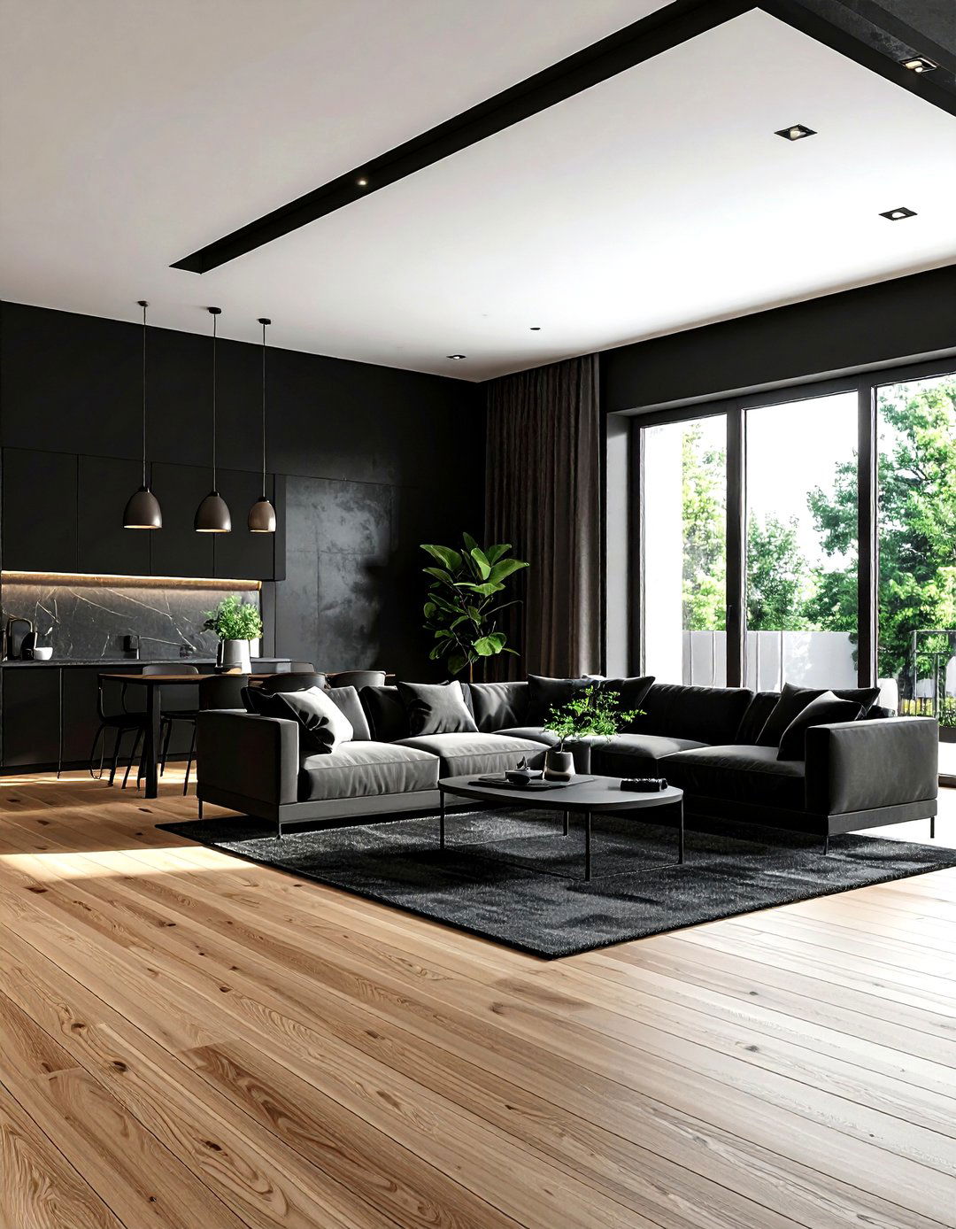 Open Concept Black Living Room - 30 living room black walls
