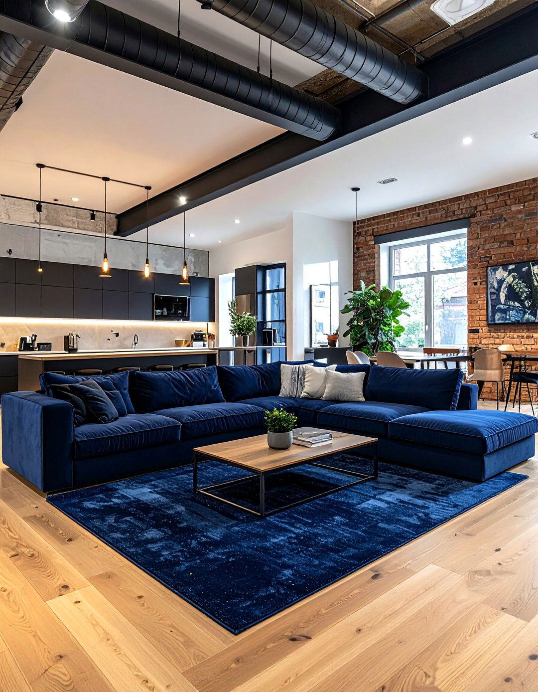Open Concept Industrial Navy Living Room - 30 industrial navy living room ideas