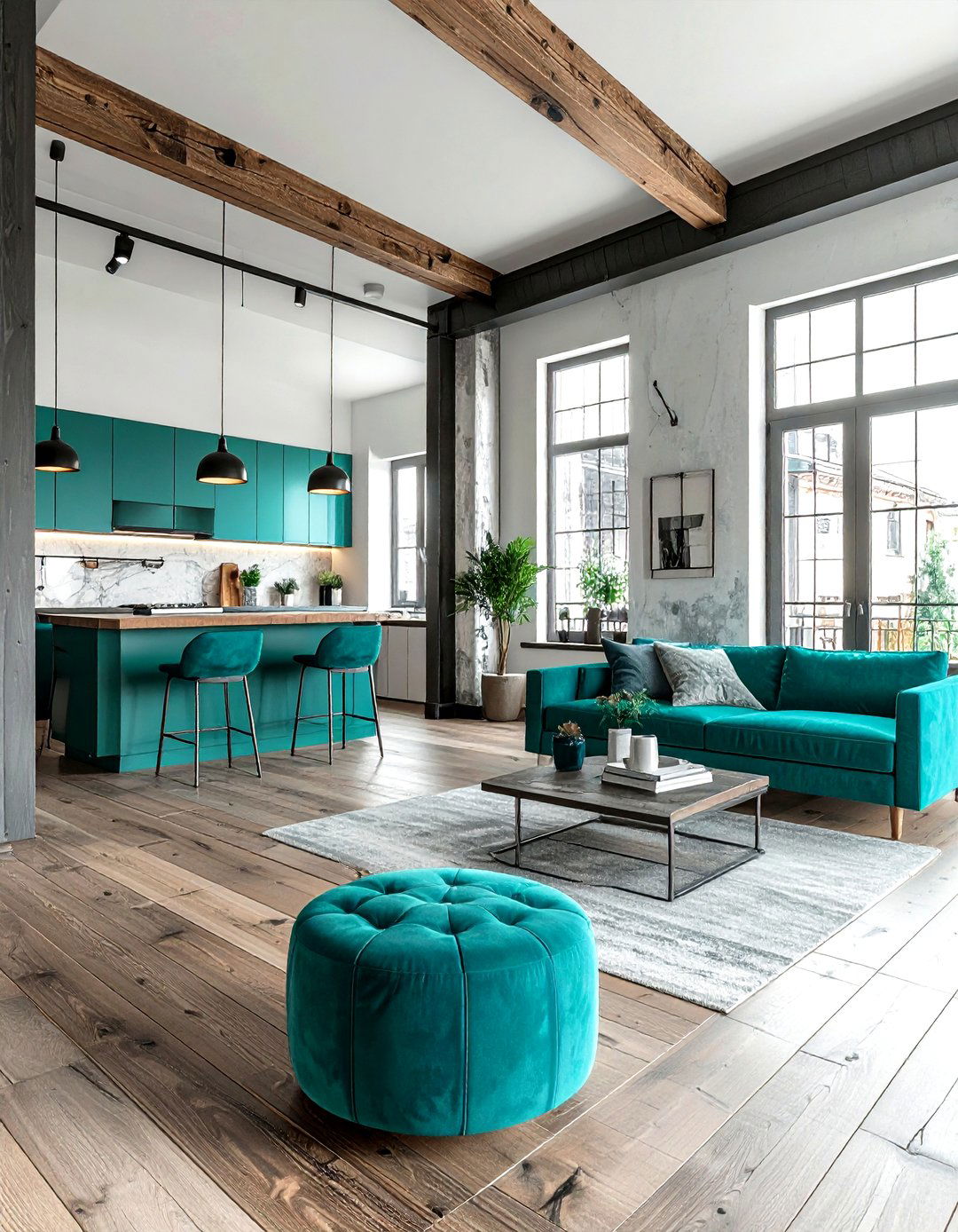 Open Plan Industrial Teal Living - 30 industrial teal living room ideas