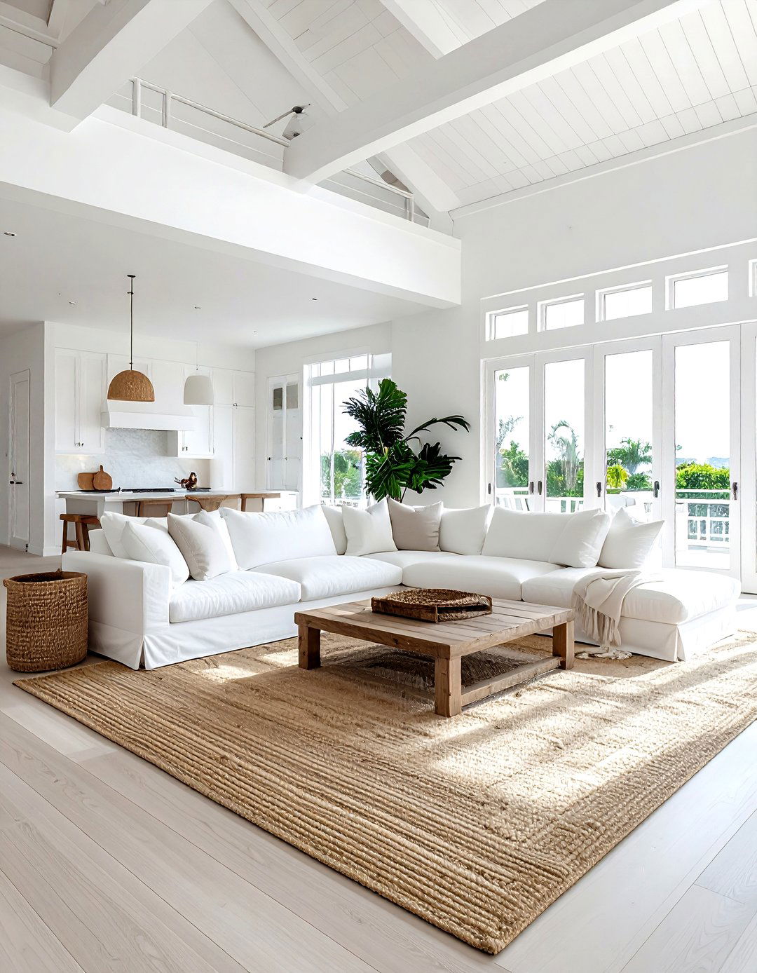 Open Plan White Coastal Living Room - 30 coastal white living room ideas