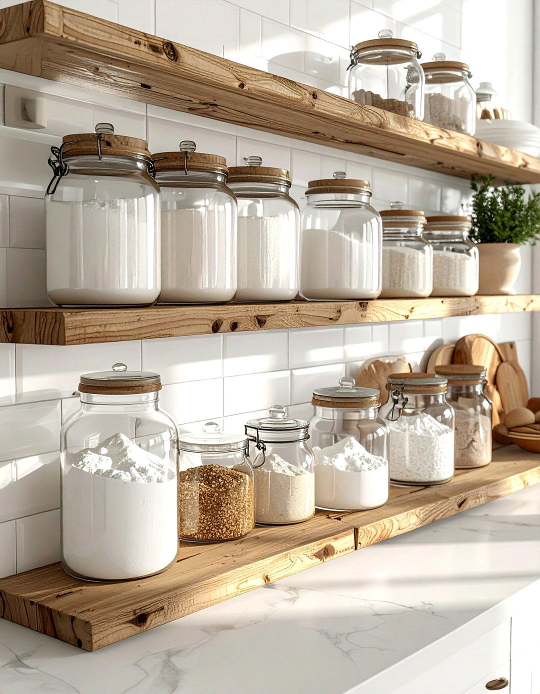Open Shelving Glass Flour Jars - 30 kitchen baking center ideas
