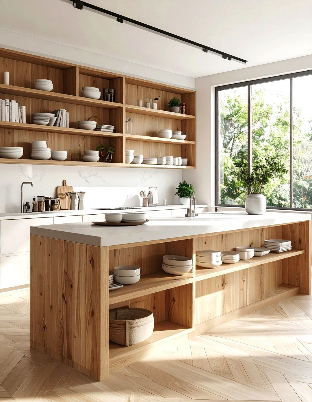 Open Shelving Island - 30 L-shaped kitchen island ideas