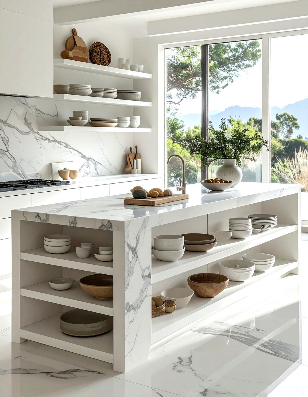 Open Shelving Marble Island - 30 marble kitchen island ideas