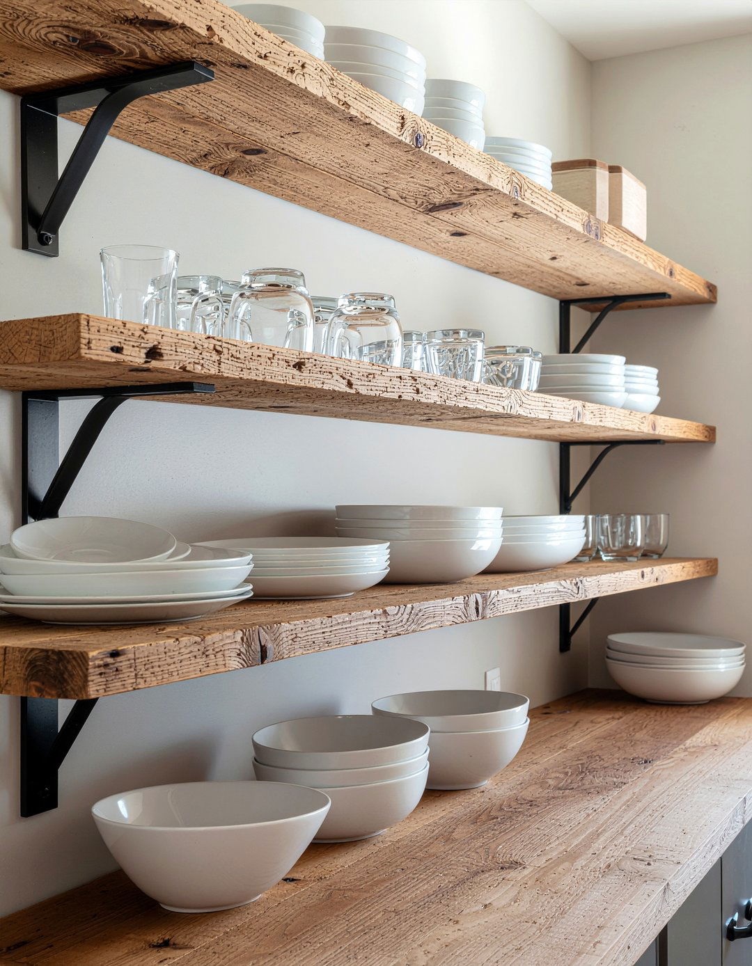 Open Shelving Storage - 30 English farmhouse kitchen ideas