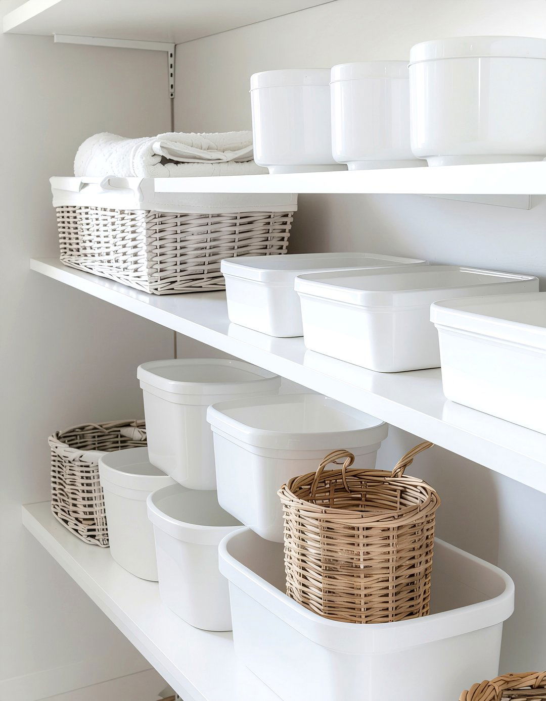 Open Shelving With Uniform Containers - 30 laundry room organization ideas