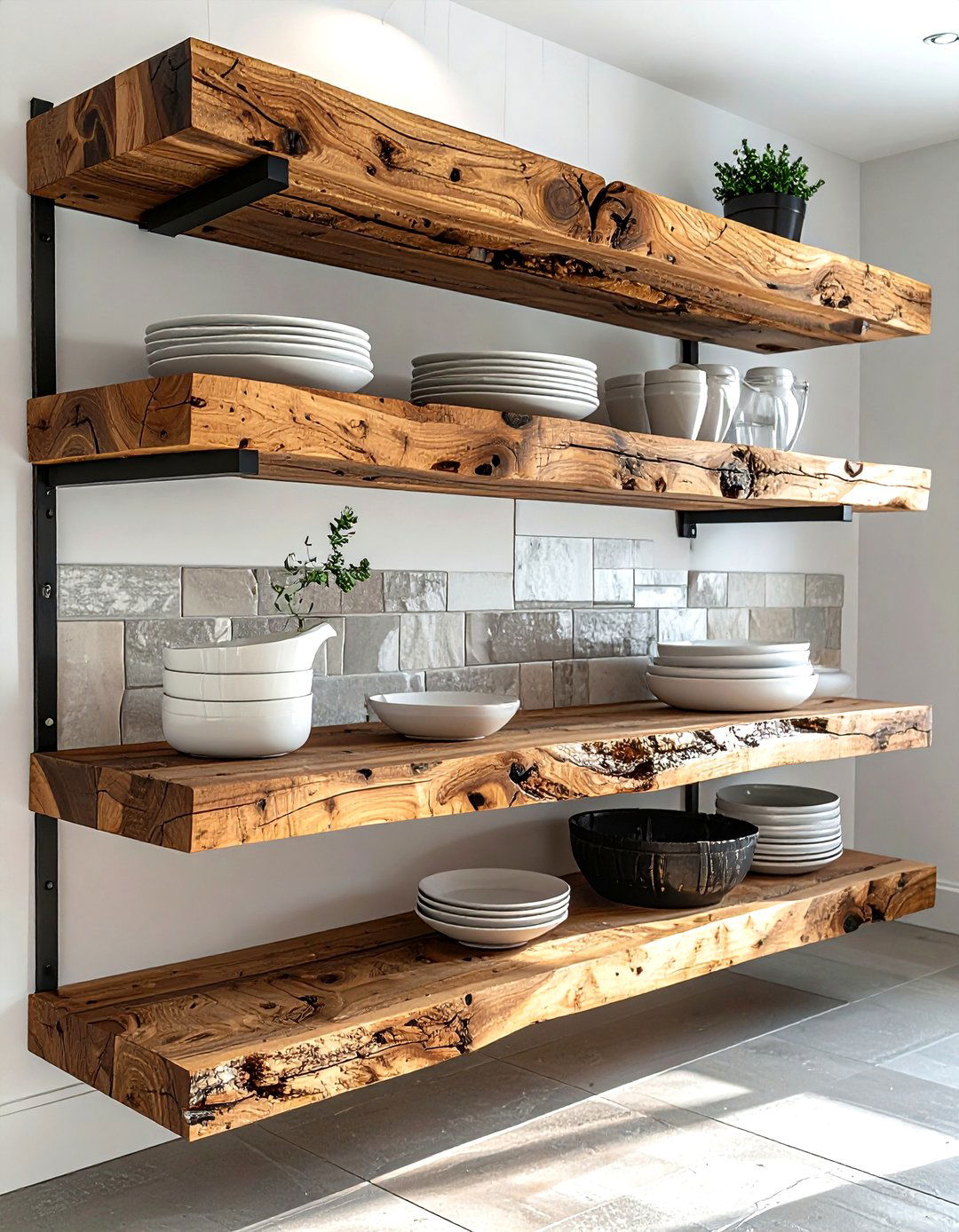 Open Wood Shelving - 30 rustic modern kitchen ideas