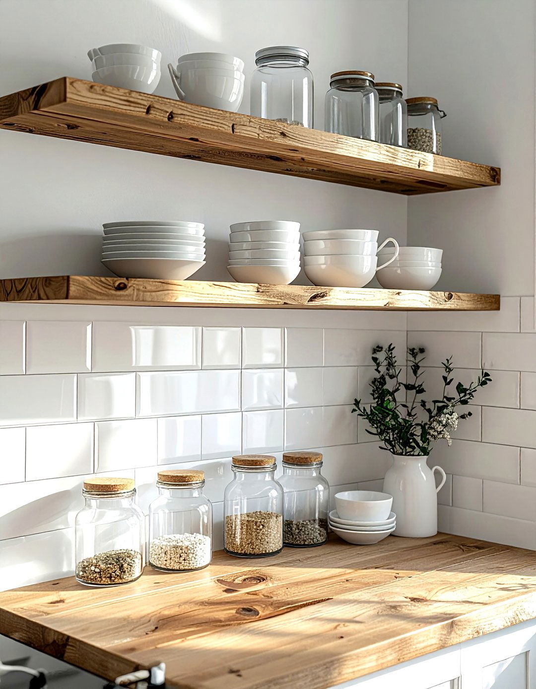 Open Wood Shelving - 30 coastal cottage kitchen ideas